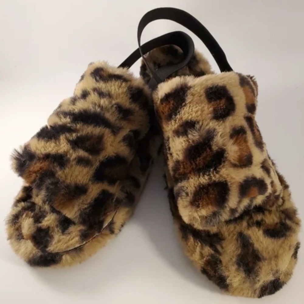 NEW Mudd Fuzzy Faux Fur Leopard Print Slingback House Slippers Size 8